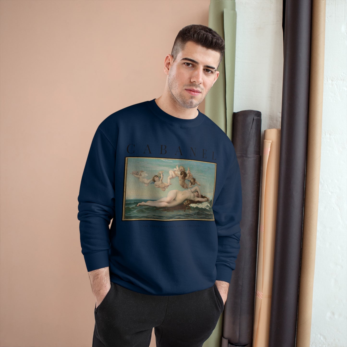 whitney baldwin home wearable art. man wearing birth of venus sweatshirt in navy