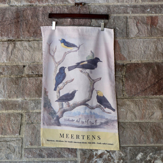 Six South American Birds kitchen towel featuring an intricate vintage watercolor painting by Abraham Meertens on 100% cotton twill