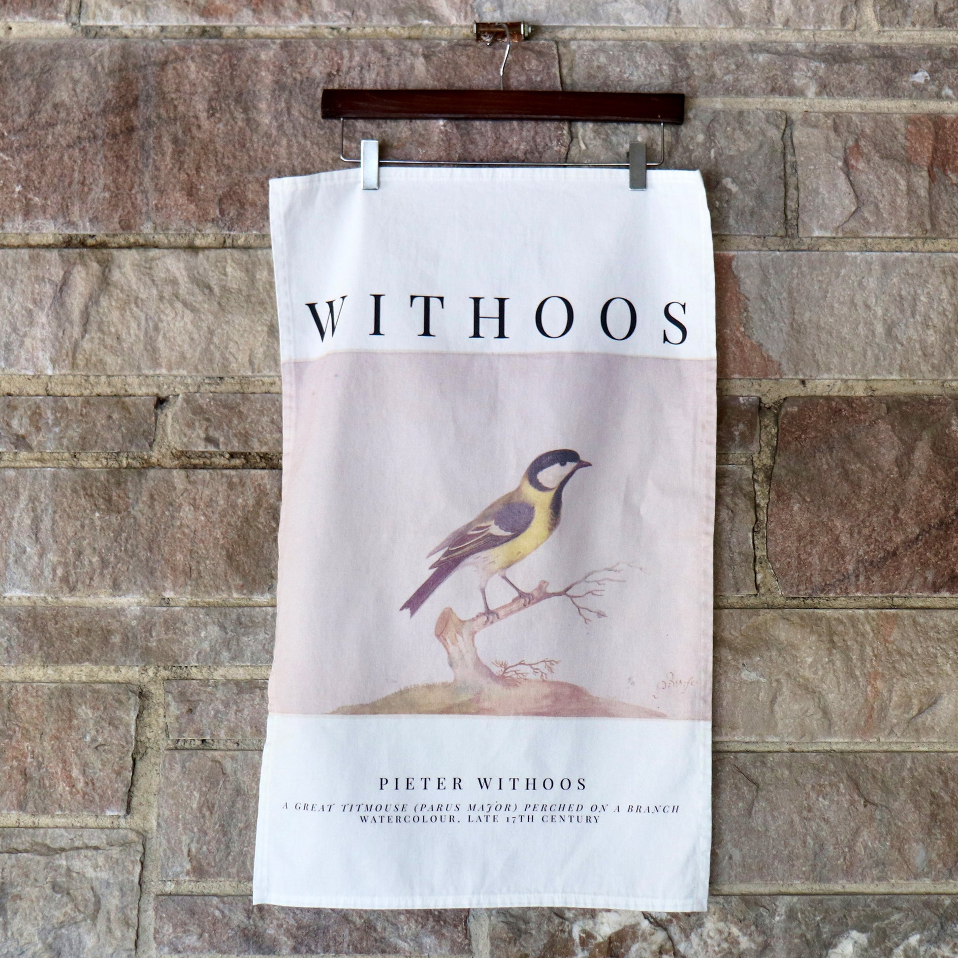 Elegant cotton kitchen towel with Pieter Withoos’ late 17th-century watercolor artwork of a titmouse, perfect for adding a touch of nature to your kitchen