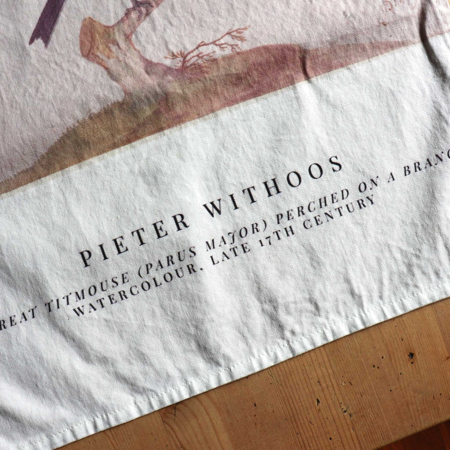 Pieter Withoos Titmouse print on kitchen towel. archive collection. Whitney Baldwin home